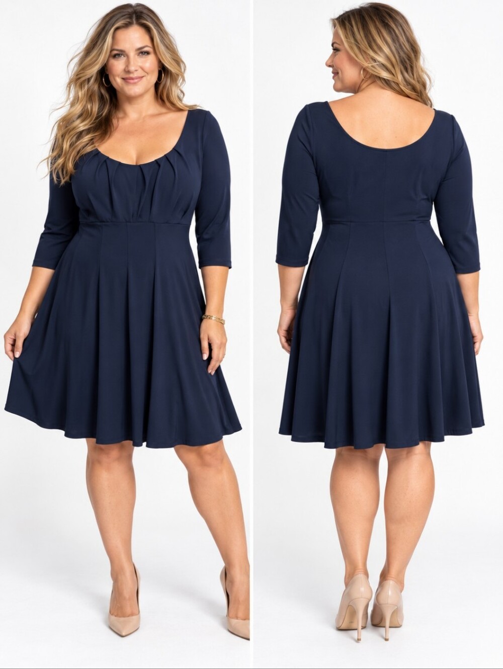 Classic Navy Scoop Neck 3/4 Sleeves Empire Pleated Bust Knit Dress Sz 14